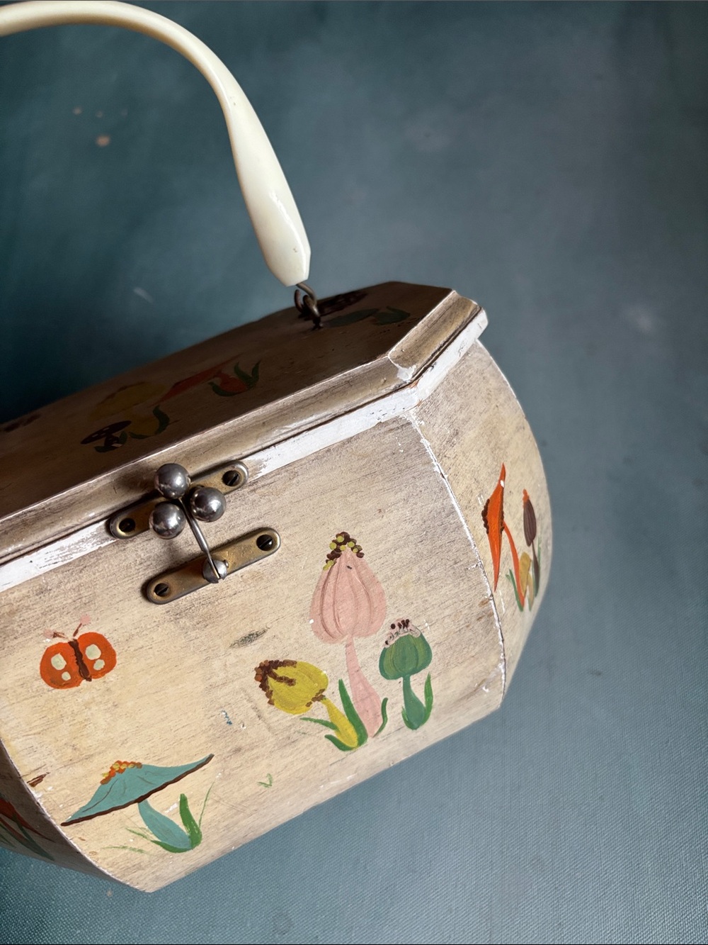 Vintage MCM Annie Laurie Wooden Bag Palm Beach Mushrooms
